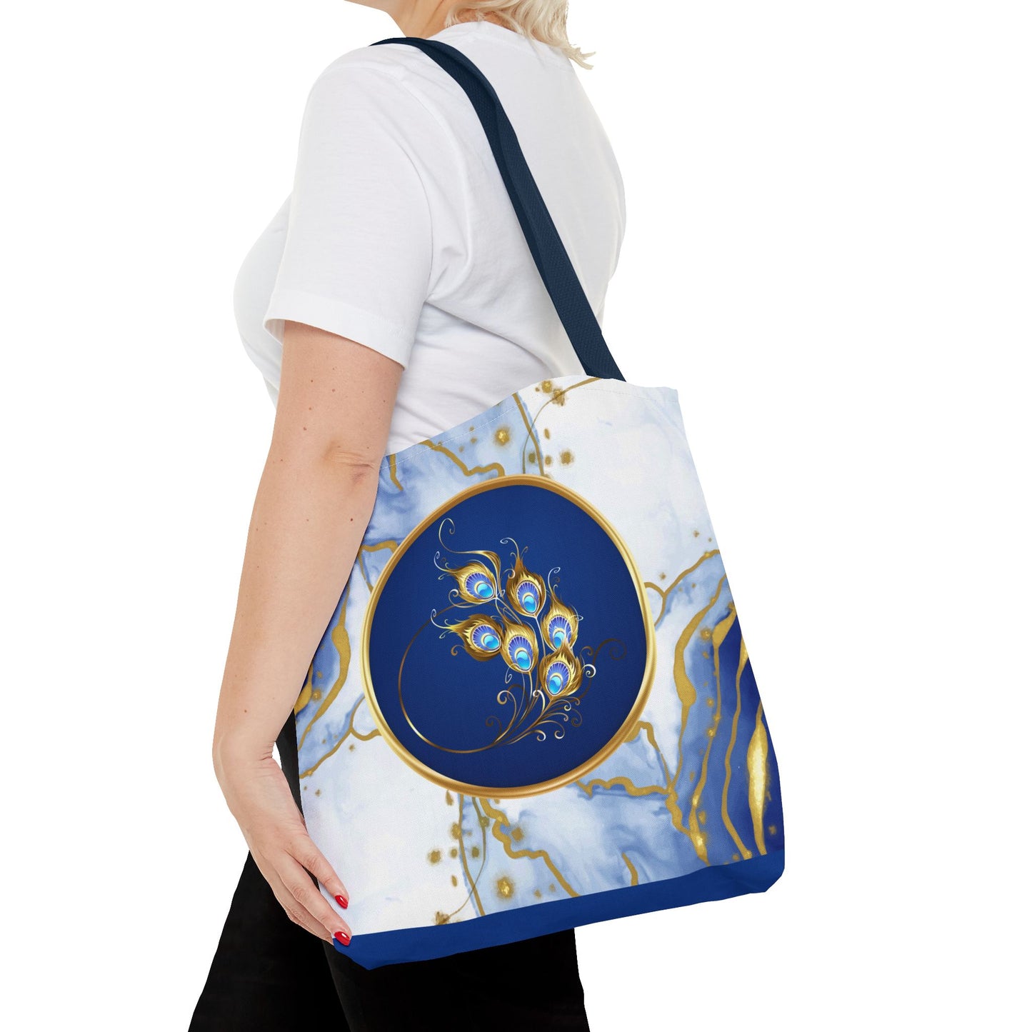 Abstract Peacock Feather Tote Bag | Carryall | Modern Art | Blue and Gold Marble | Art Lover Gift |