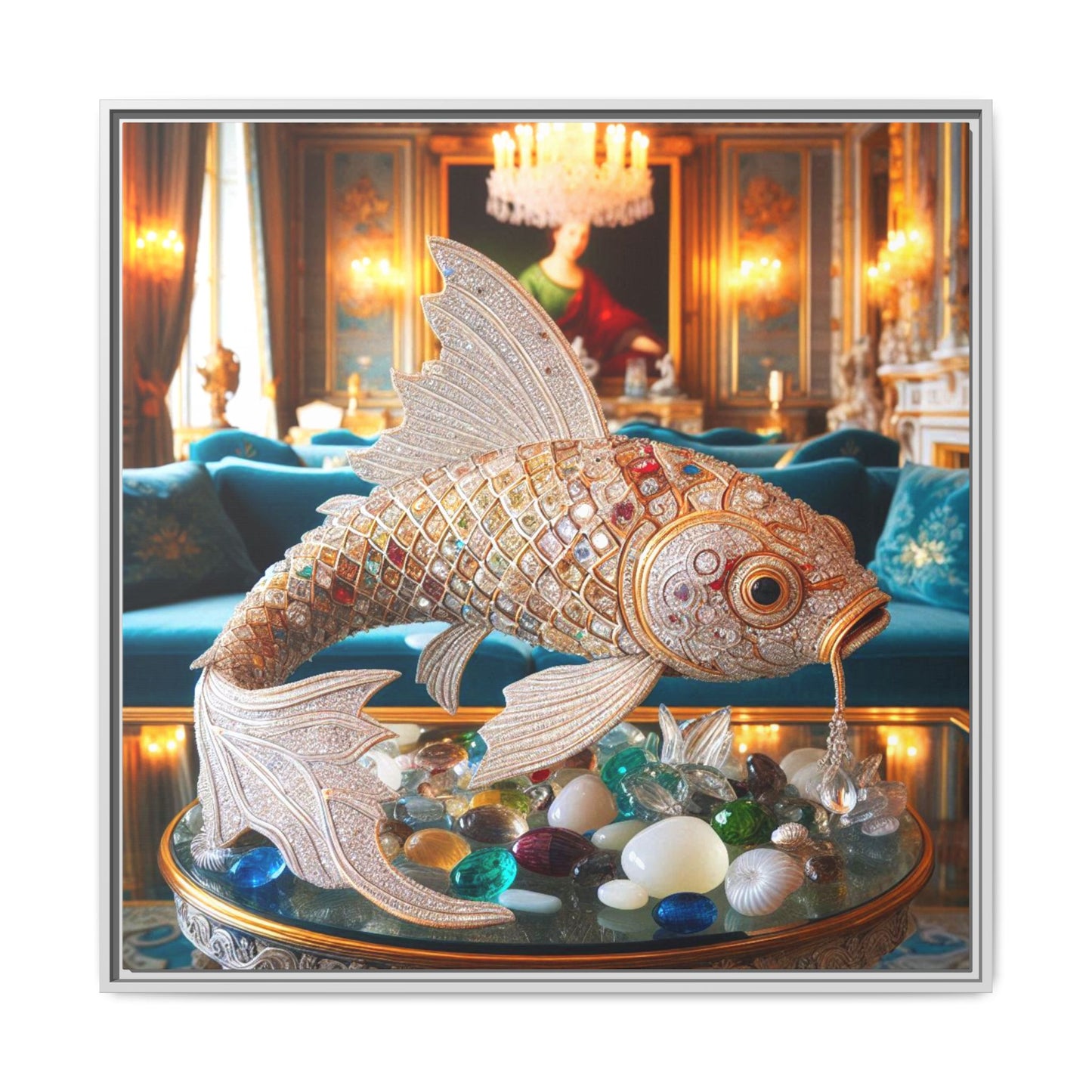 Bejeweled Koi Fish Framed Canvas Print Wall Art Unique Fashion Designer Haute Couture Fashionista Animal Lover Gift Decor 3 Frame Colors
