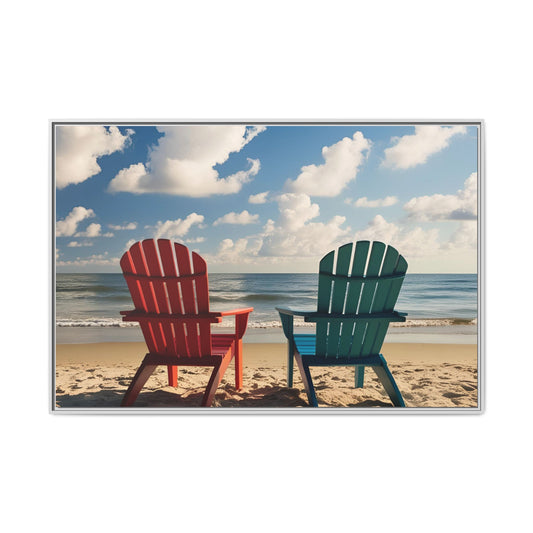 Chairs on the Beach Print Outdoors Design Unique Framed Canvas Print Wall Art Gift Beachy Nature Lover Ocean Waves Decor 3 frame colors