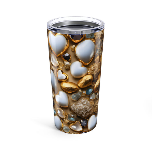 White and Gold Hearts Tumbler Valentine's Gift for Her Love Friendship Gift Tumbler Gemstone Lover Rhinestone Crystal Design Tumbler