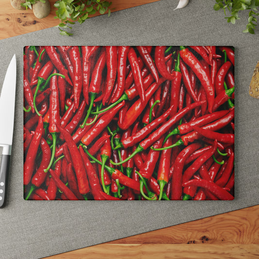 Kitchen Decor Glass Cutting Board Serving Tray with Red Hot Chili Peppers Spices Design Cutting Board Gift for Home Cook Charcuterie Board