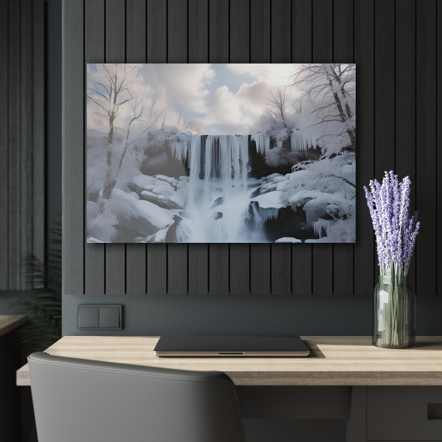 Large Snowy Waterfall Acrylic Print with French Cleat Nature Lover Wall Art Mountain Life Gift Outdoors Artwork Modern Home Decor