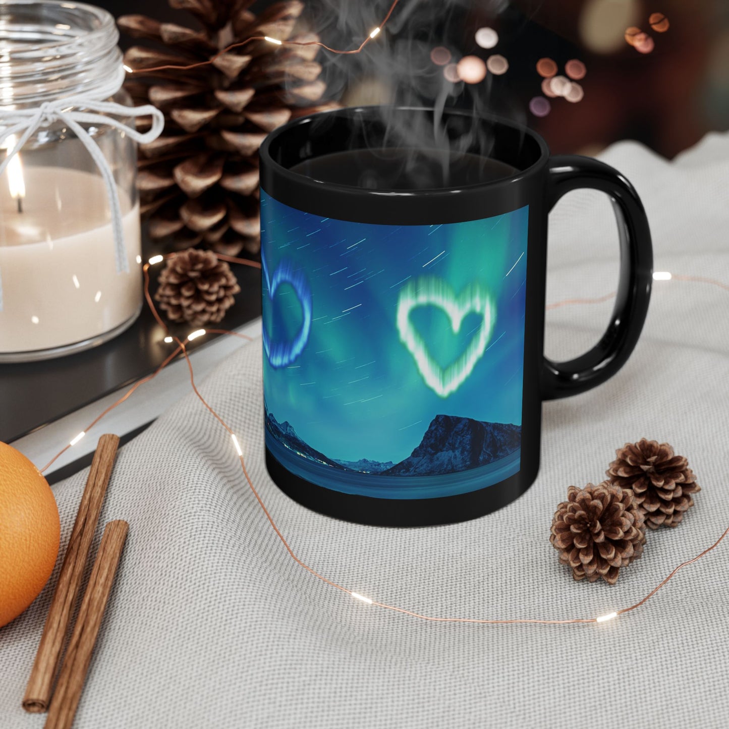 Aurora Borealis Hearts Design Coffee Tea Hot Chocolate Mug Celestial Arctic Polar Northern Lights Stargazer Gift 11 oz Mug Nature Lover Gift