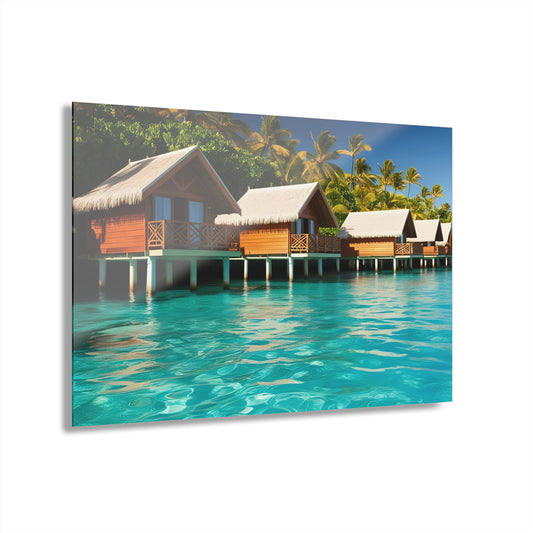 Large Huts on the Water Acrylic Print with French Cleat Ocean Lover Wall Art Beachy Gift Nature Lover Tahaitian Artwork Modern Home Decor