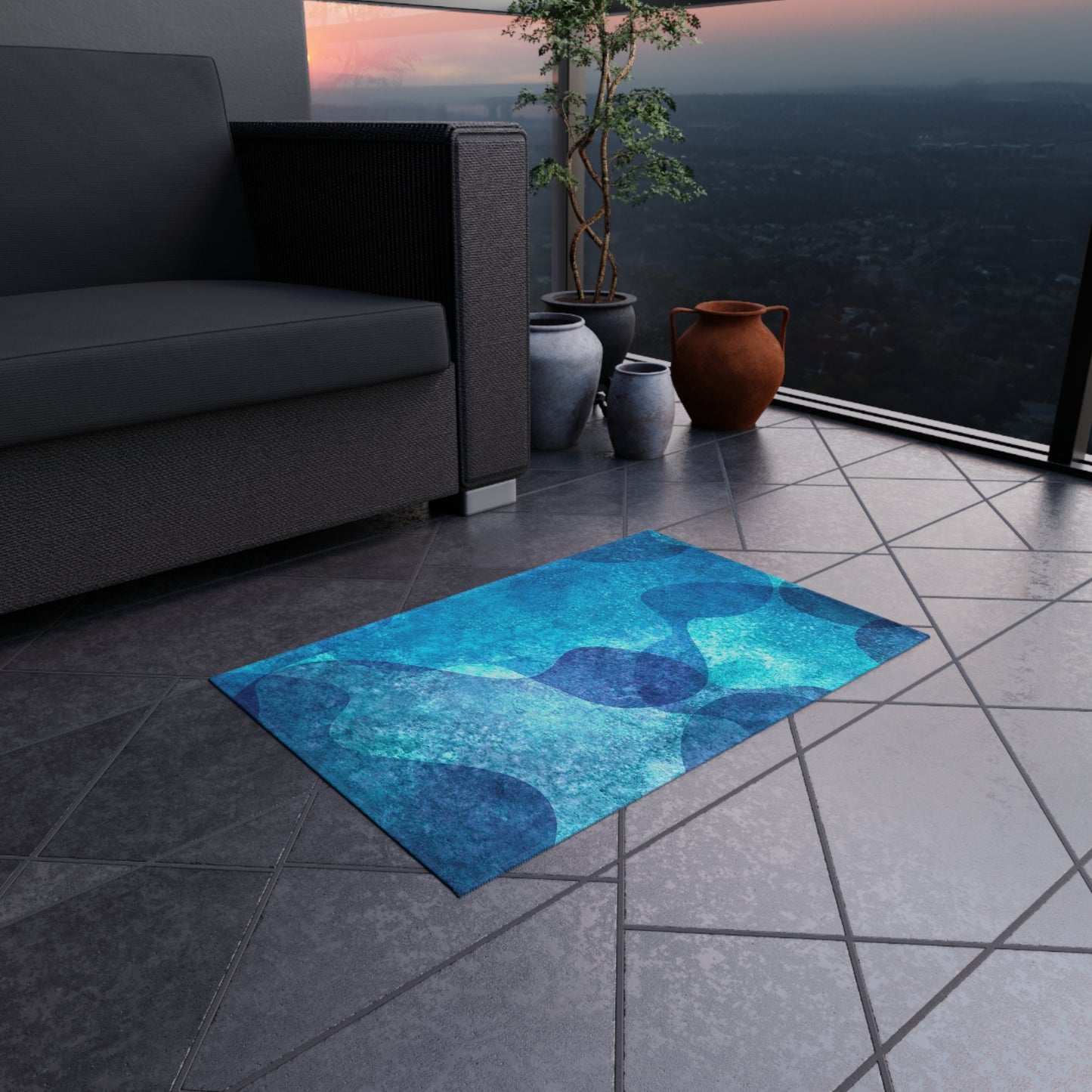 Modern Wave Design Chenille Outdoor Rug No-Skid Backing Cozy Outdoor Beachy Patio Decor Gazebo Rug Pool Area Decor Outdoor Kitchen Carpet