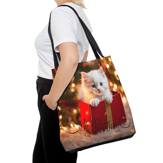 Christmas Kitten Tote Bag Holiday Cheer Gift Glam Winter Accessory Reusable Snowy Winter Town Shopping Bag Xmas Joy Unisex Bag for Him Her