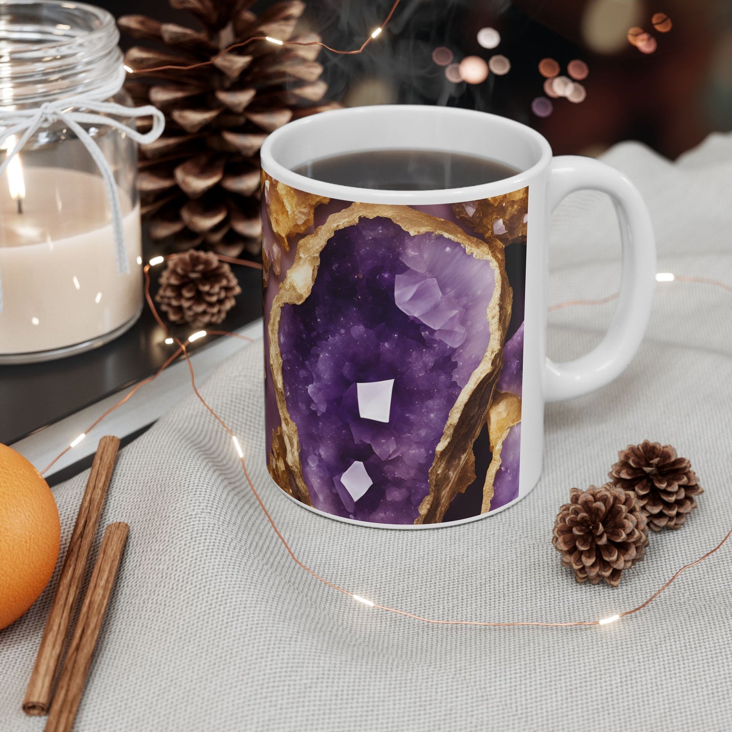 Purple and Gold Amethyst Design Geode Coffee Tea Mug Boho Gemologist Gift for Her Nature Lover Gift Geology Marble Agate Rock Lover Gift