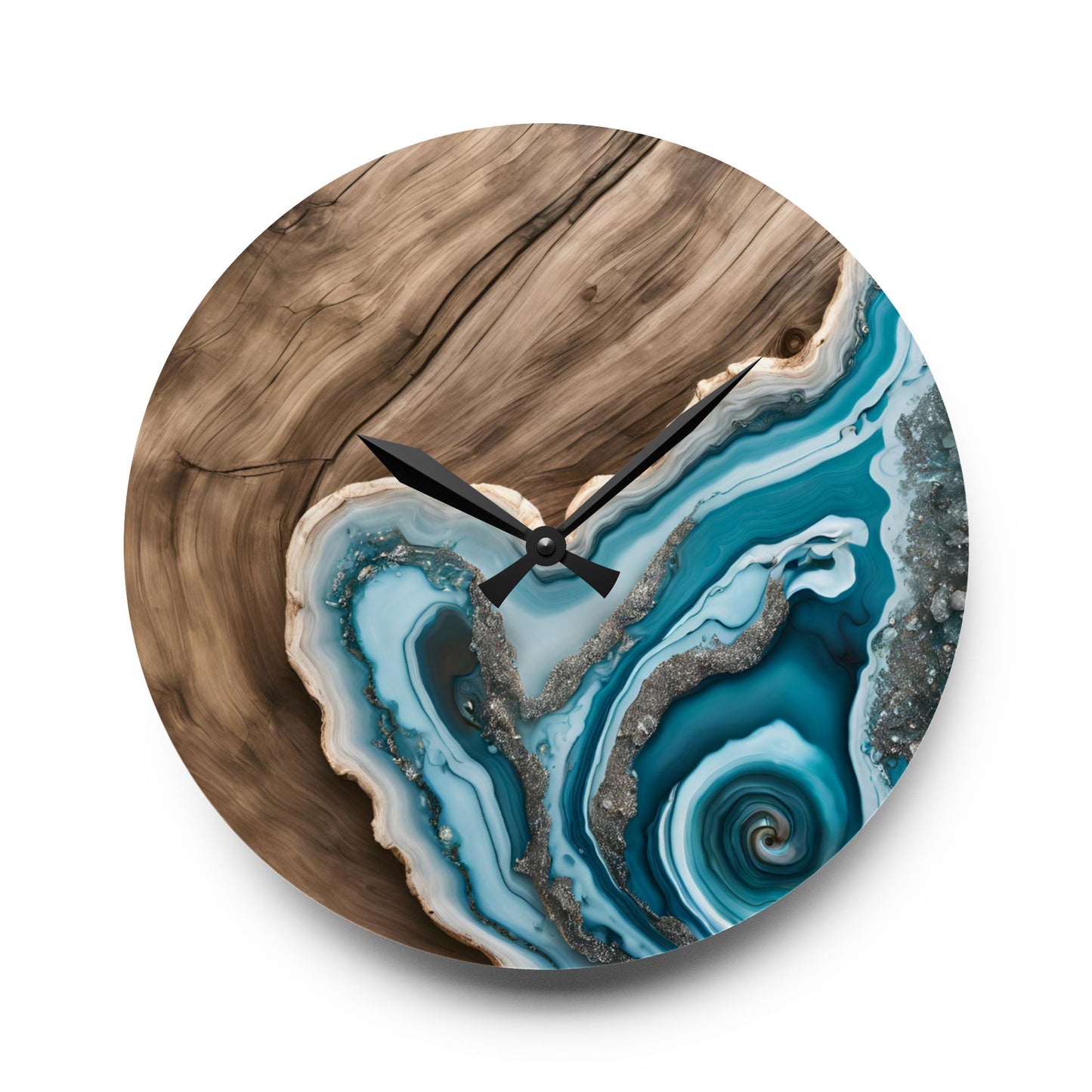 Rustic Wood-look Turquoise Geode-inspired Design Acrylic Clock Unique Colorful Wall Clock for Kitchen or Living Room Nature Lover Gift