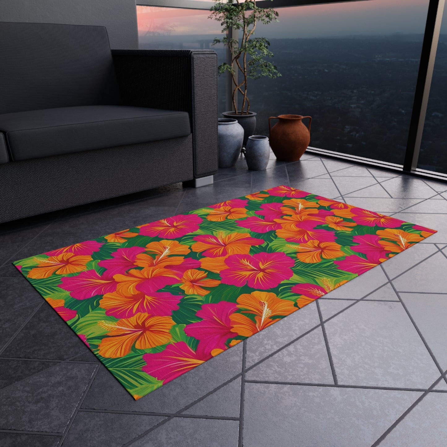 Tropical Chenille Outdoor Rug with No-Skid Backing Cozy Outdoor Carpet Patio Decor Hawaiian Floral Beachy Gazebo Rug Pool Area Decor