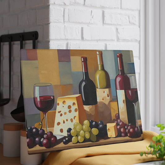 Kitchen Decor Glass Cutting Board Serving Tray with Wine and Cheese Design Cutting Board Gift for Home Cook Charcuterie Board