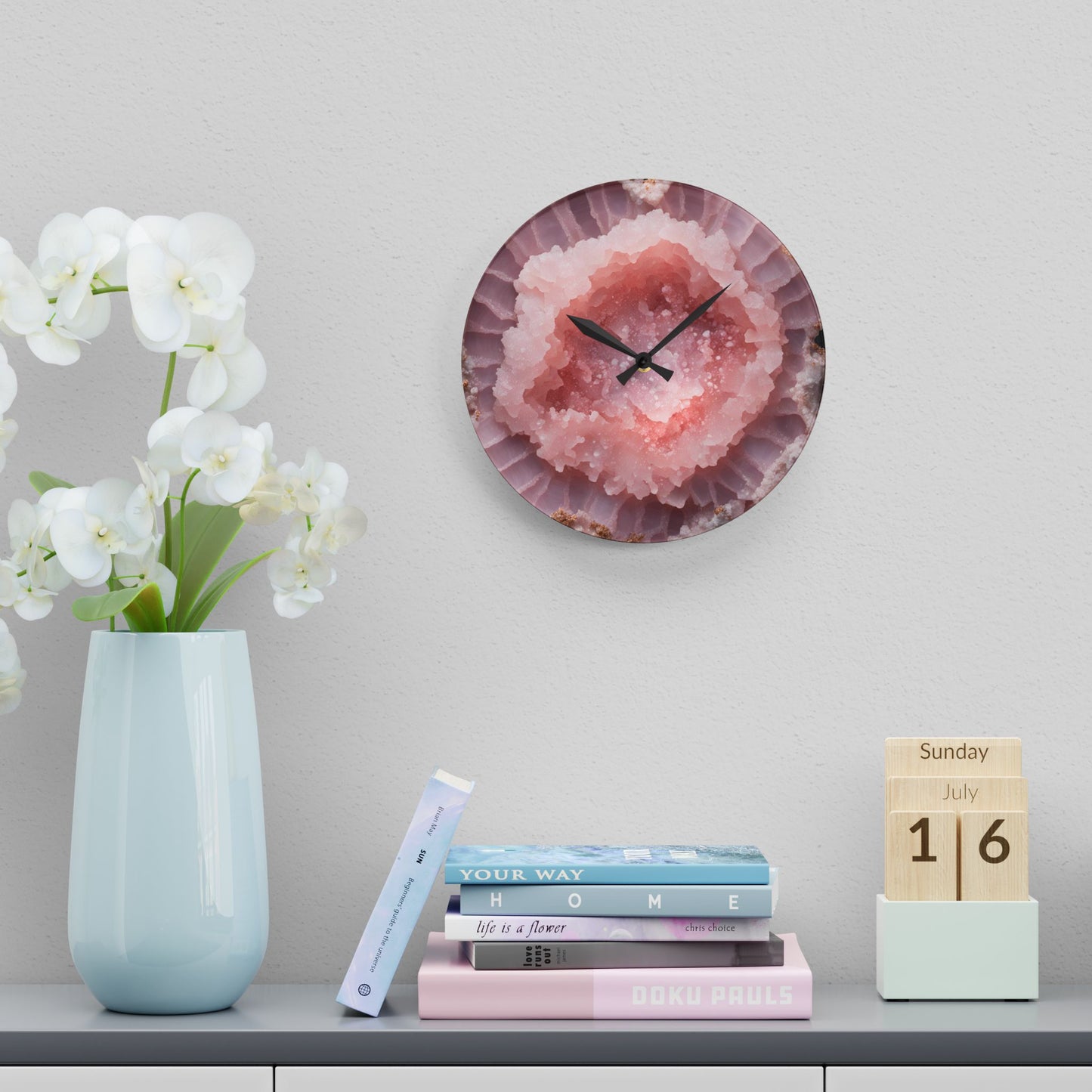 Pink Quartz Crystal Geode Unique Design Acrylic Wall Clock Agate Crystal Lover Gemologist Gift Nature Lover Rock Gift