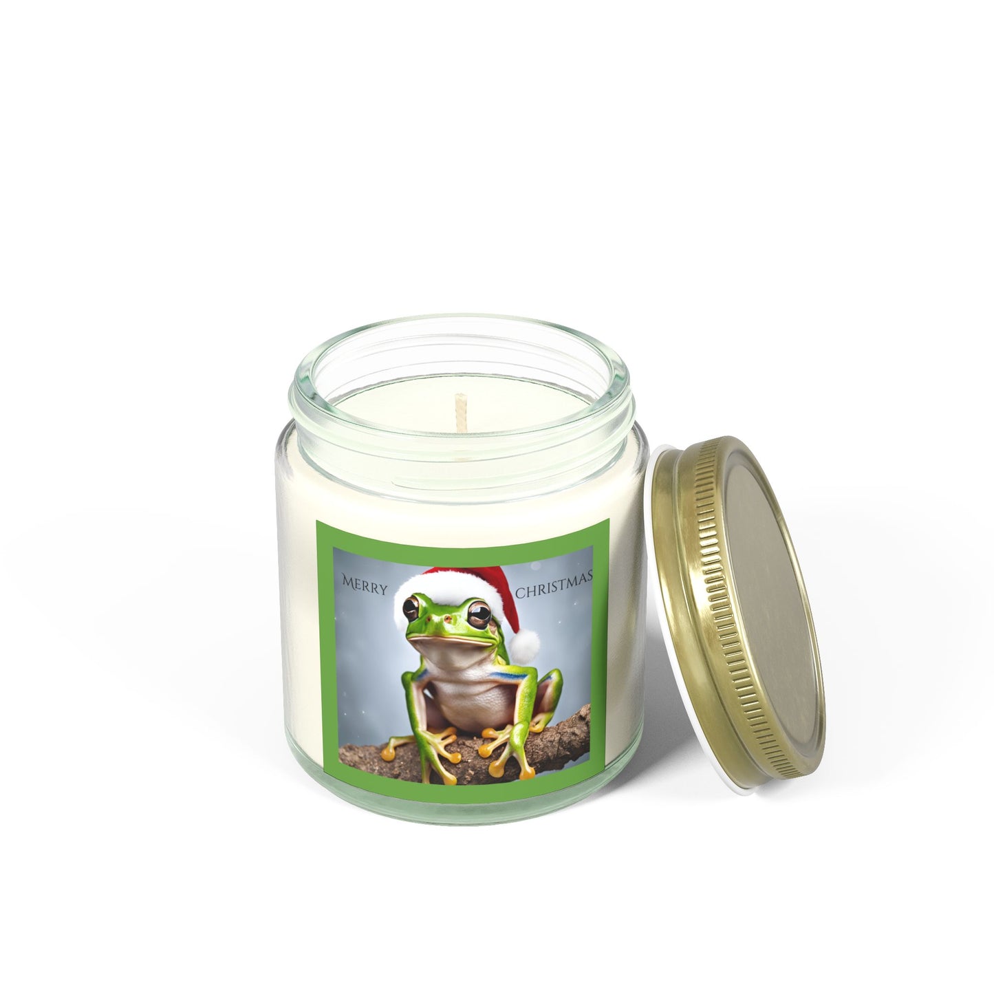 Merry Christmas Tree Frog with Santa Hat Scented Candle Holiday Winter Candle Gift Mason Jar Candle Coconut Apricot Wax (4oz, 9oz)