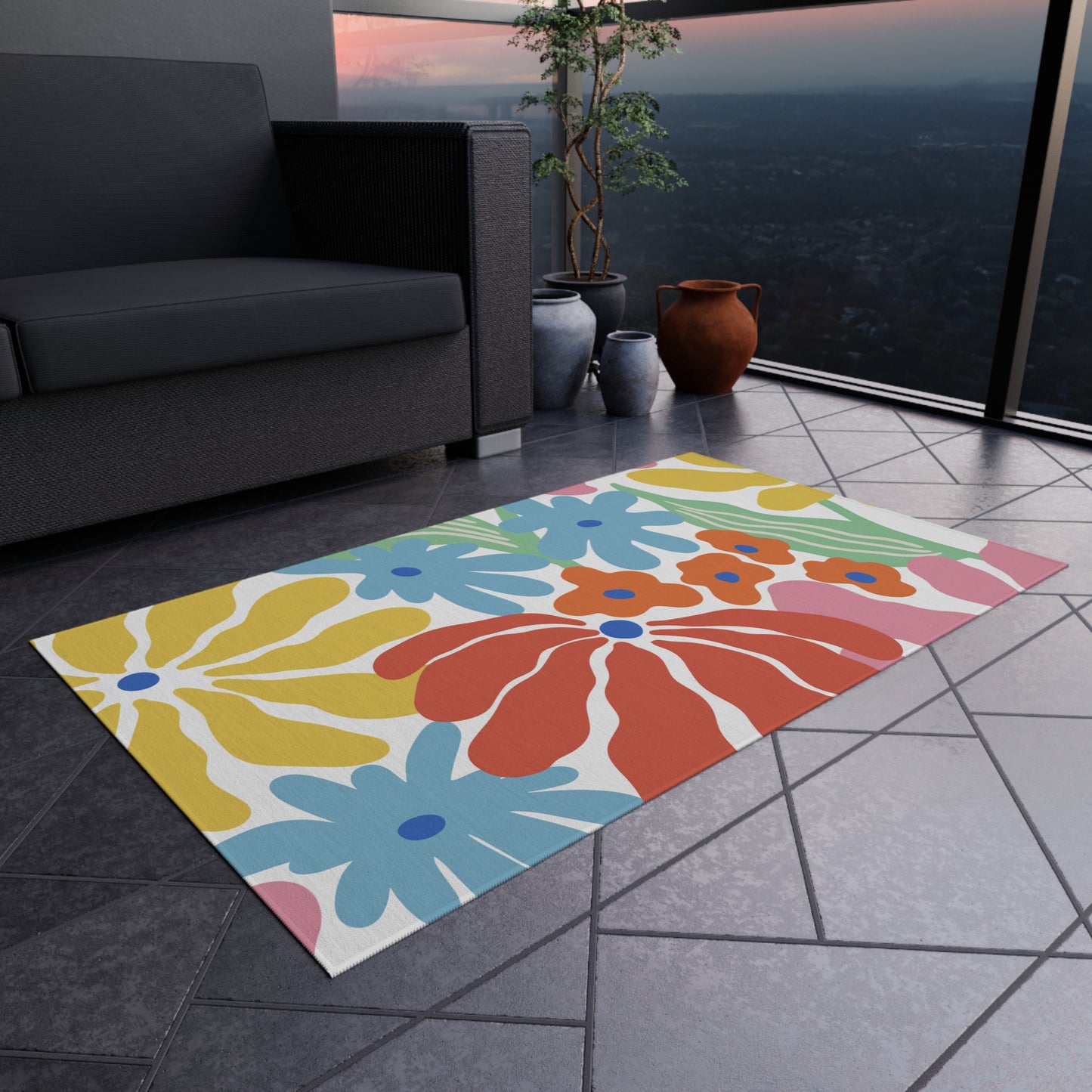 Modern Floral Chenille Outdoor Rug with No-Skid Backing Cozy Outdoor Carpet Patio Decor Gazebo Rug Pool Area Decor Outdoor Kitchen Carpet