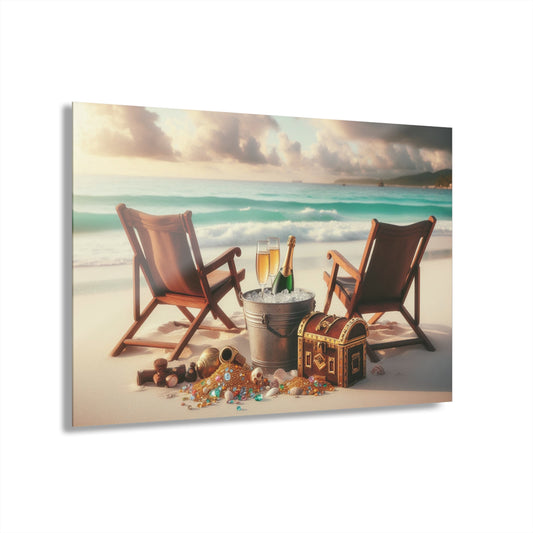Chairs on the Beach with Pirate's Treasure Acrylic Print with French Cleat Ocean Lover Wall Art Beachy Gift Artwork Modern Home Decor