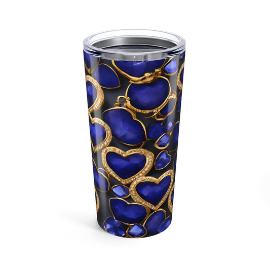 Sapphire and Gold Hearts Tumbler Valentine's Gift for Her Love Friendship Gift Tumbler Gemstone Lover Rhinestone Crystal Design Tumbler