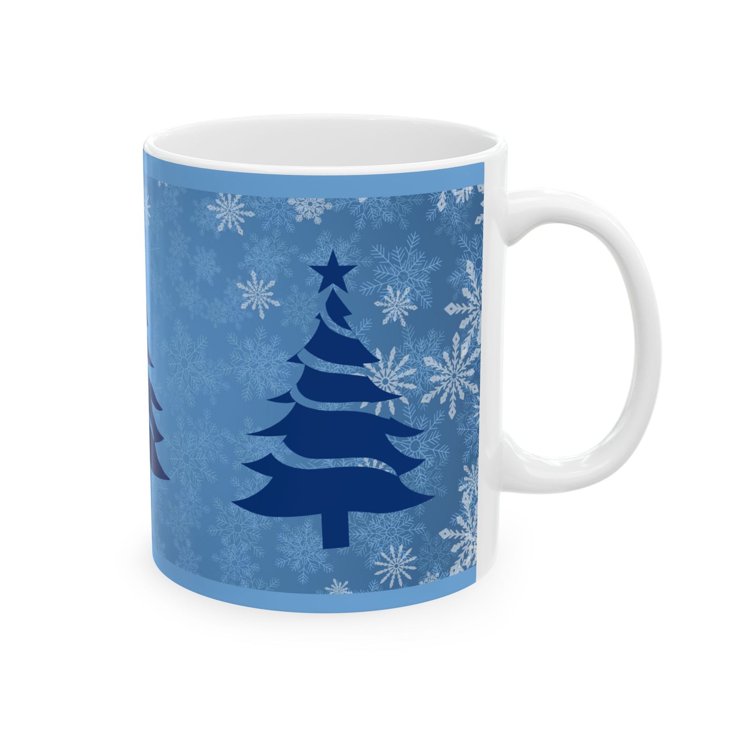 Blue and White Christmas Tree Snowflake Ceramic Coffee Tea or Hot Chocolate Holiday Gift 11 oz Mug