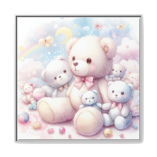 Whimsical Nursery Decor Pastel Floral Teddy Bear Design Wall Art Unique Sweet Baby Room Framed Canvas Print Unisex Baby Shower Gift
