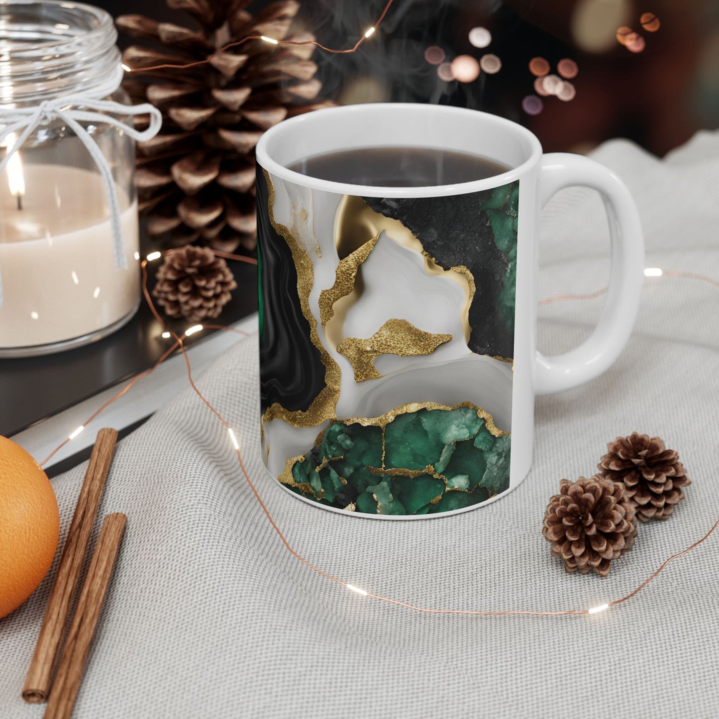 Black, White, Emerald Green and Gold Crystal Geode Design Coffee Tea Mug Boho Gemologist Gift Nature Lover Marble Rock Agate Geology Gift