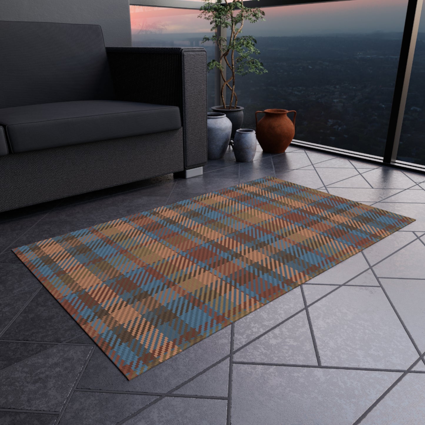 Checker Pattern Chenille Outdoor Rug with No-Skid Backing Cozy Outdoor Carpet Patio Decor Gazebo Rug Pool Area Decor Outdoor Kitchen Carpet