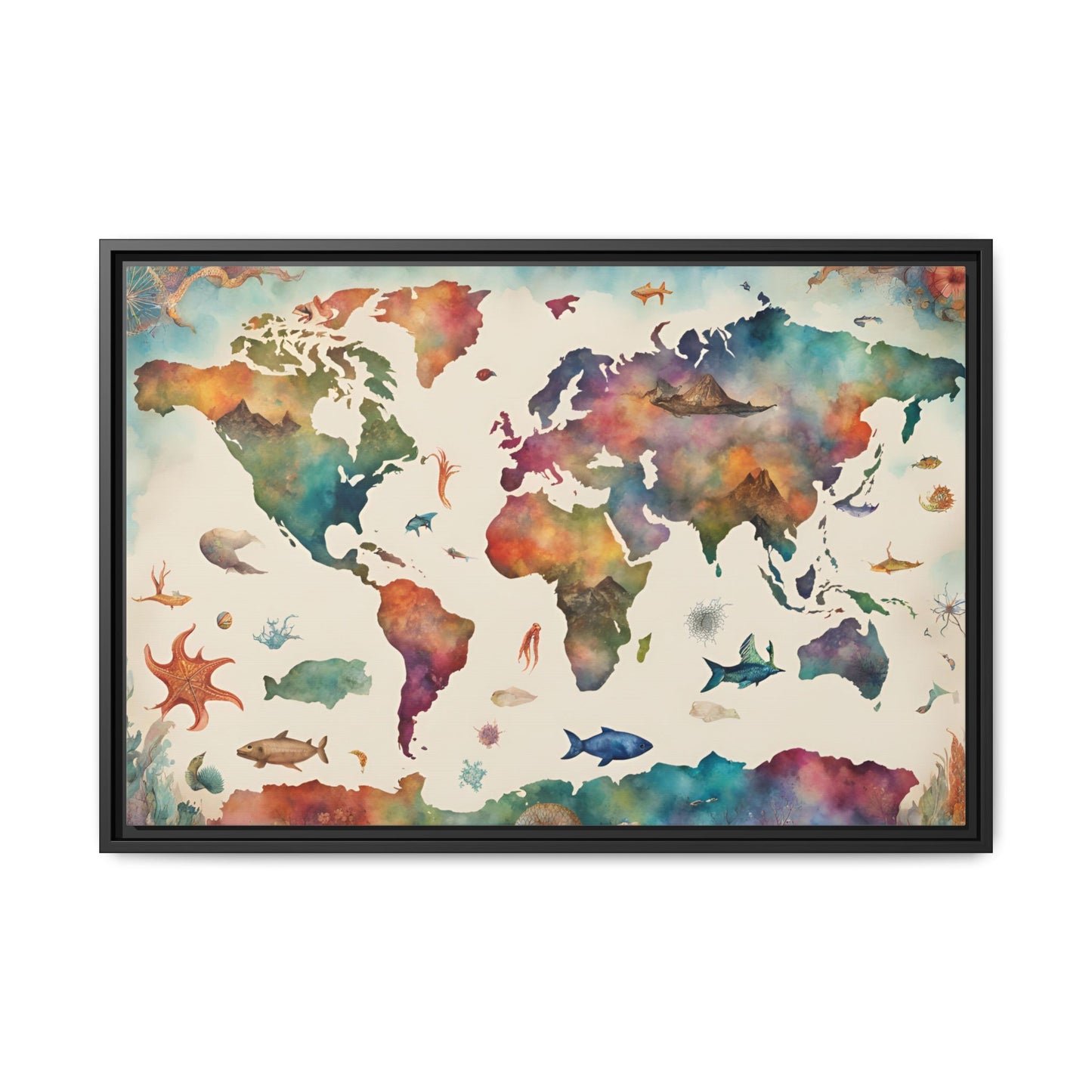 Unique Modern Art Style Colorful Marine Life Themed Global World Map Oceanic Print Matte Canvas Wall Art 3 frame colors to choose from