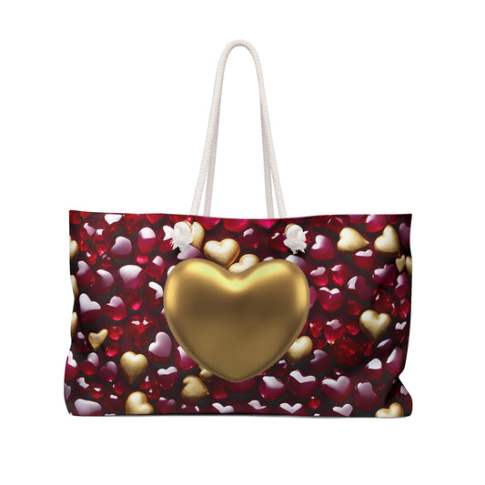 Ruby Red and Gold Hearts Design Weekender Tote Bag Valentine's Minimalist Wedding Gift Bridal Shower Wedding Gift for Her Romantic Gift