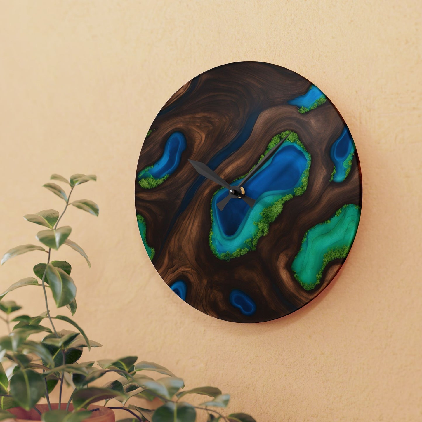 Rustic Wood-look Geode-inspired Mossy Design Acrylic Clock Unique Colorful Wall Clock for Kitchen or Living Room Nature Lover Gift