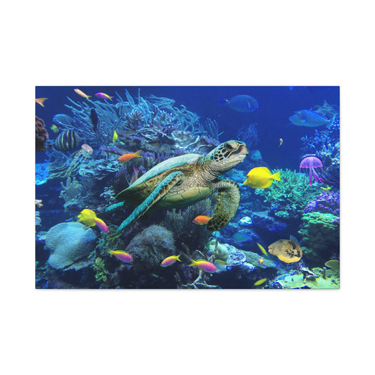 Sea Turtle Underwater Print Wall Art | Matte Canvas, Stretched, 1.25" | Ocean | Nature | Fish | Coral |