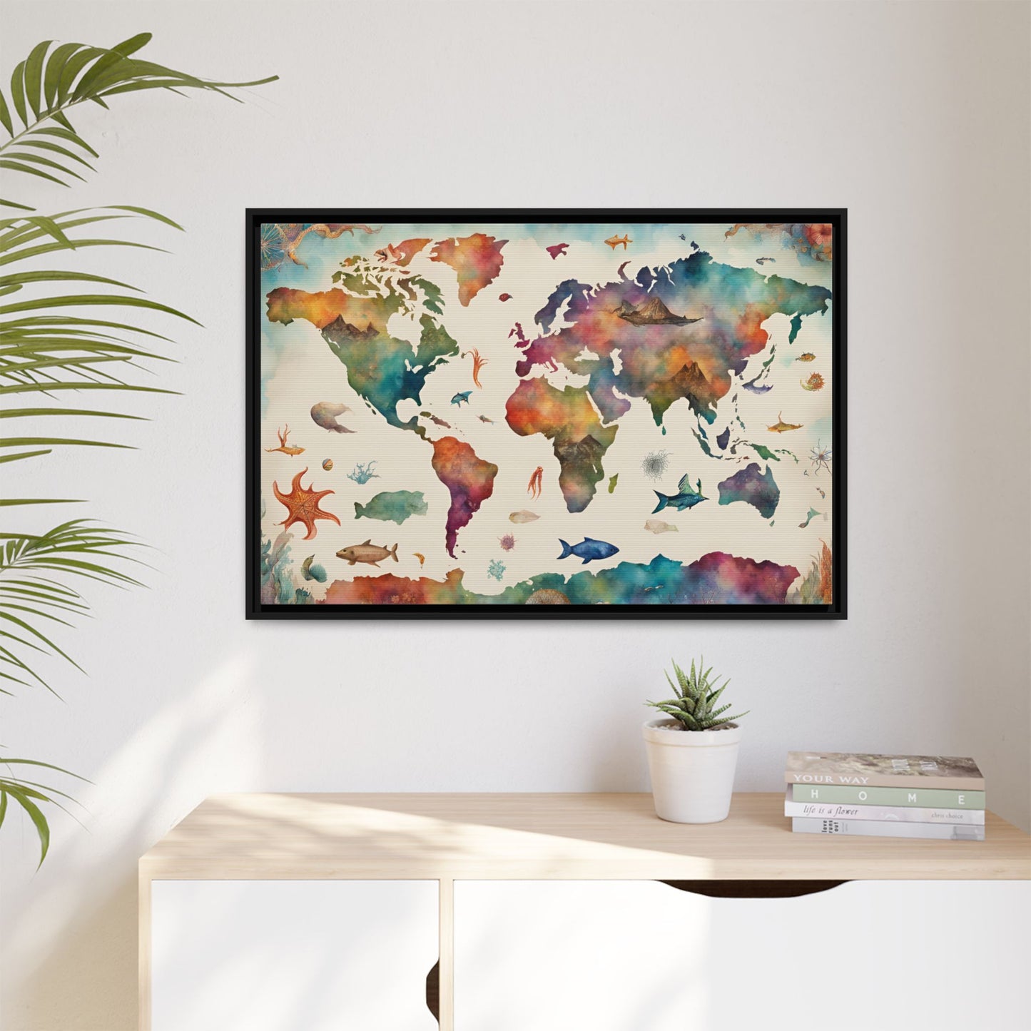 Unique Modern Art Style Colorful Marine Life Themed Global World Map Oceanic Print Matte Canvas Wall Art 3 frame colors to choose from