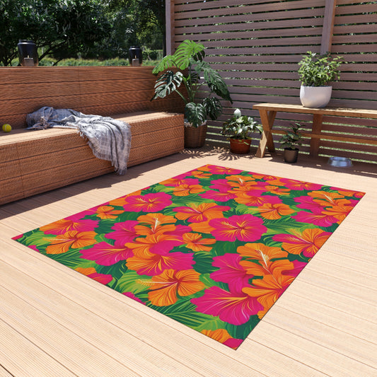Tropical Chenille Outdoor Rug with No-Skid Backing Cozy Outdoor Carpet Patio Decor Hawaiian Floral Beachy Gazebo Rug Pool Area Decor