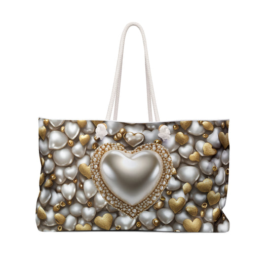 Pearl Heart Design Weekender Tote Bag Cottage Core Valentine's Minimalist Wedding Gift Bridal Shower Wedding Gift for Her Romantic Gift