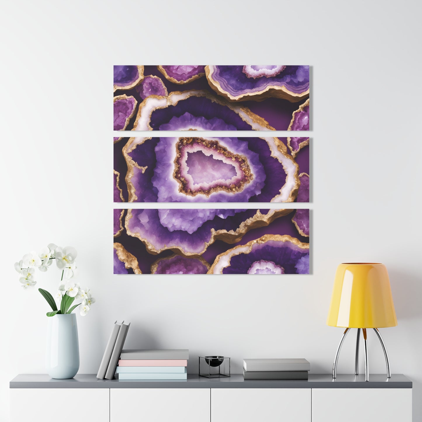 Geode Inspired Design Triptych 3-Panel Acrylic Print Wall Art Nature Lover Gift Geology Purple Amethyst-Look Rock Lover Acrylic Artwork