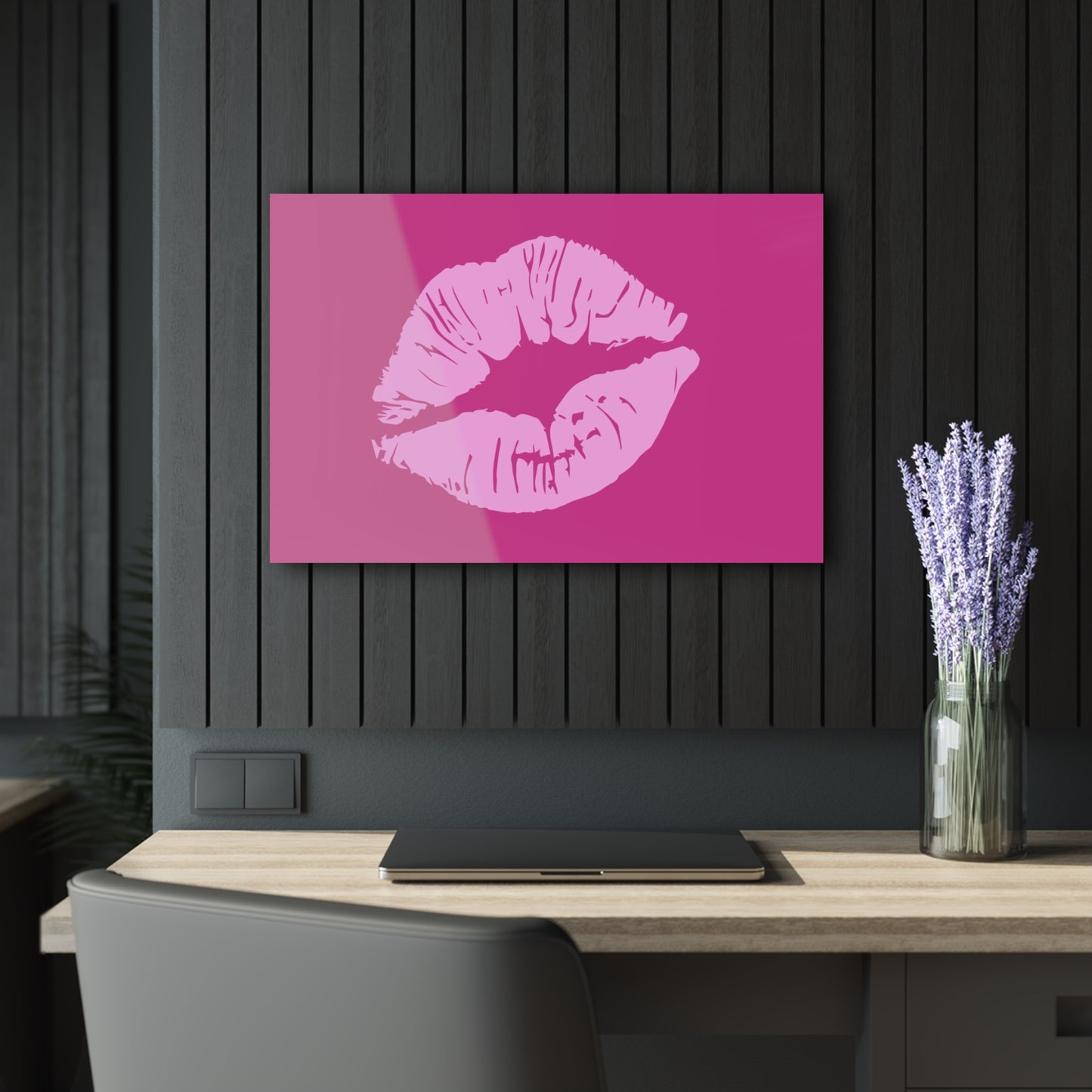 Large Pink Kissy Lips Acrylic Print with French Cleat Fashion Lover Wall Art Lipstick Gift Cosmetics Lover Artwork Modern Kiss Home Decor