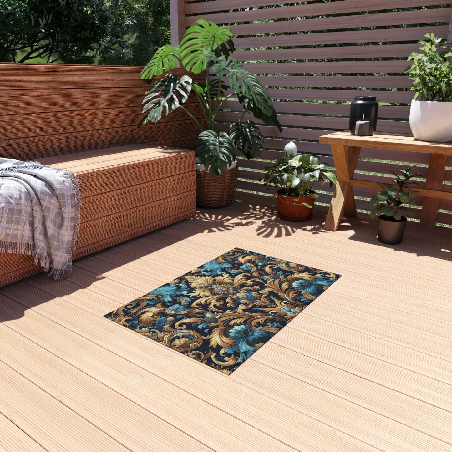 Chenille Print Pattern Outdoor Rug with No-Skid Backing Cozy Outdoor Carpet Patio Decor Gazebo Rug Pool Area Decor Outdoor Kitchen Carpet