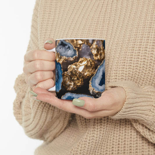 Blue and Gold Crystal Design Coffee Tea Hot Chocolate Mug Cottage Core Boho Agate Gift for Her Nature Lover Gift Geology Rock Lover Gift