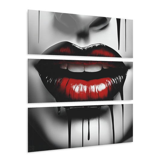 Lips Design Triptych Acrylic Print Wall Art Unique Modern Splatter Art Style Black and White Dripping Paint Image