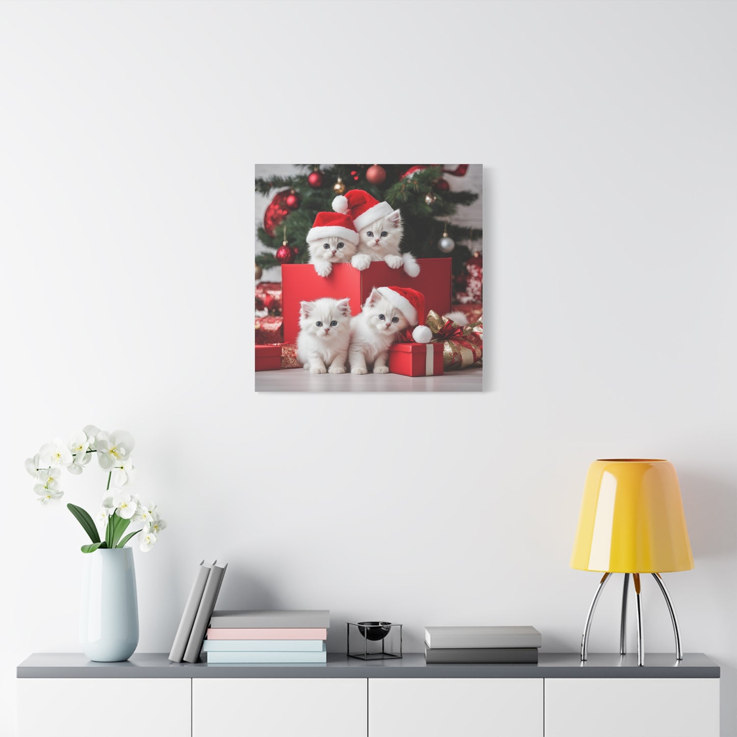 Christmas Kittens Print Wall Art | Matte Canvas, Stretched, 1.25" | Animal Lover | Holiday Gift | Santa Hat |