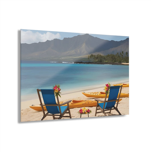 Large Palm Canoes on the Beach Acrylic Print with French Cleat Mountain Life Wall Art Hawaiian Gift Ocean Lover Nature Art Modern Home Decor