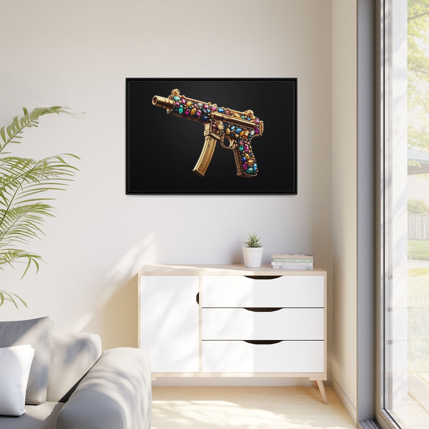 Bejeweled Machine Gun Print AI Design Unique Framed Canvas Print Wall Art Gun Lover Gift Edgy Glam Fantasy Weapon Decor 3 frame colors