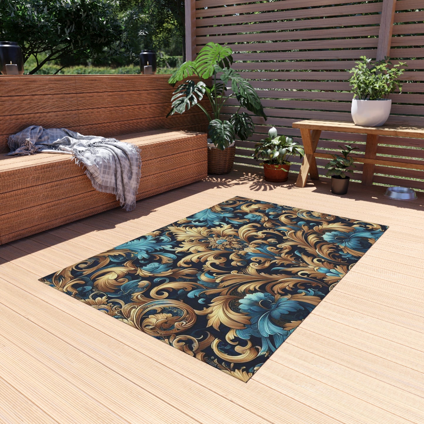 Chenille Print Pattern Outdoor Rug with No-Skid Backing Cozy Outdoor Carpet Patio Decor Gazebo Rug Pool Area Decor Outdoor Kitchen Carpet