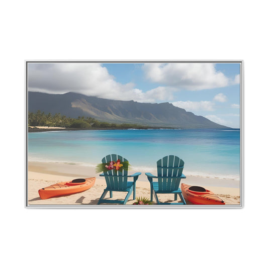 Chairs on the Beach Print Unique Framed Canvas Print Wall Art Gift Beachy Nature Lover Ocean Waves Hawaiian Vacation Decor 3 frame colors