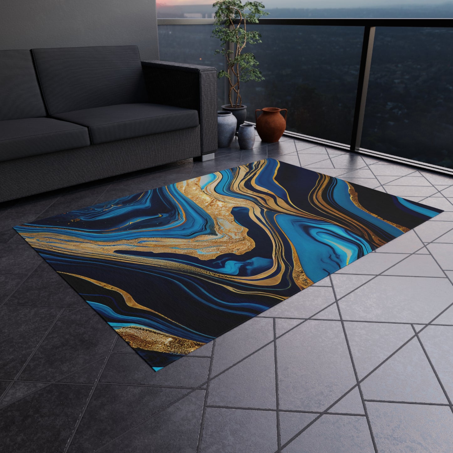 Modern Wave Design Chenille Outdoor Rug No-Skid Backing Cozy Outdoor Beachy Patio Decor Gazebo Rug Pool Area Decor Outdoor Kitchen Carpet