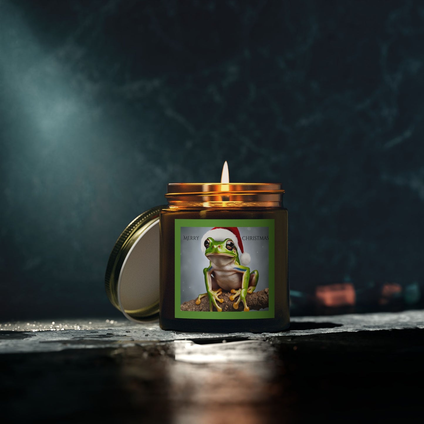 Merry Christmas Tree Frog with Santa Hat Scented Candle Holiday Winter Candle Gift Mason Jar Candle Coconut Apricot Wax (4oz, 9oz)