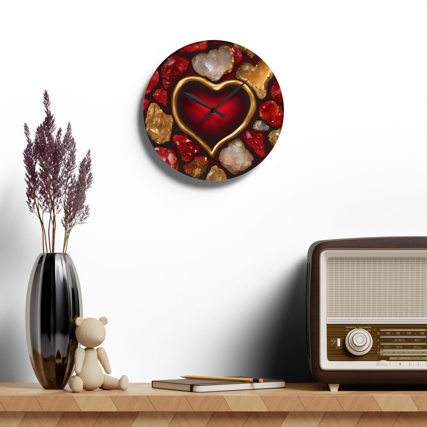 Heart Design Acrylic Office Clock Unique Colorful Wall Clock for Kitchen or Living Room Nature Lover Gift Rock Art Design