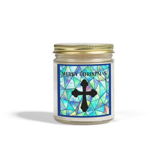 Merry Christmas Crucifix Scented Candles Holiday Winter Candle Gift Mason Jar Candle Coconut Apricot Wax (4oz, 9oz)