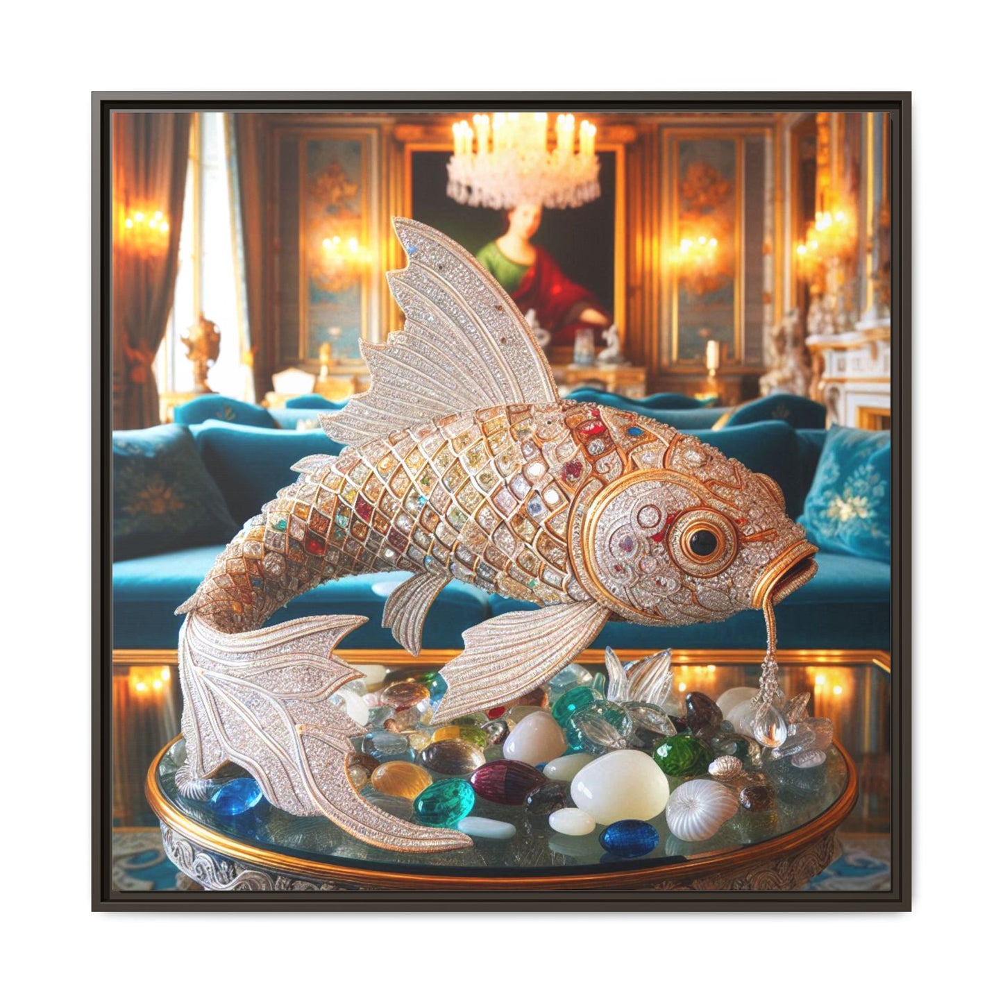 Bejeweled Koi Fish Framed Canvas Print Wall Art Unique Fashion Designer Haute Couture Fashionista Animal Lover Gift Decor 3 Frame Colors