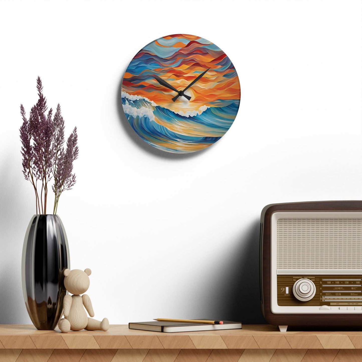 Modern Ocean Waves Design Acrylic Clock Unique Colorful Wall Clock for Kitchen or Living Room Nature Lover Gift Sunrise Sunset Image
