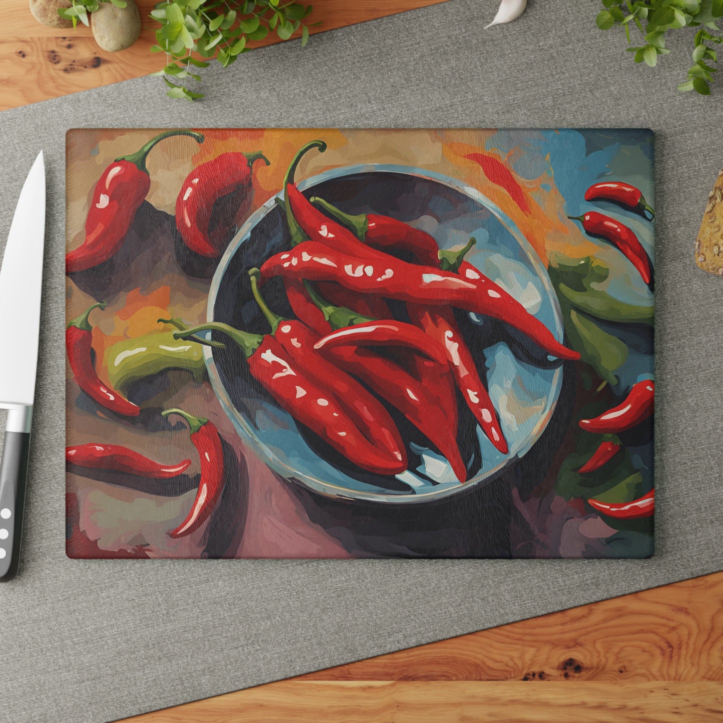 Kitchen Decor Glass Cutting Board Serving Tray with Red Hot Chili Peppers Design Cutting Board Gift for Home Cook Charcuterie Board