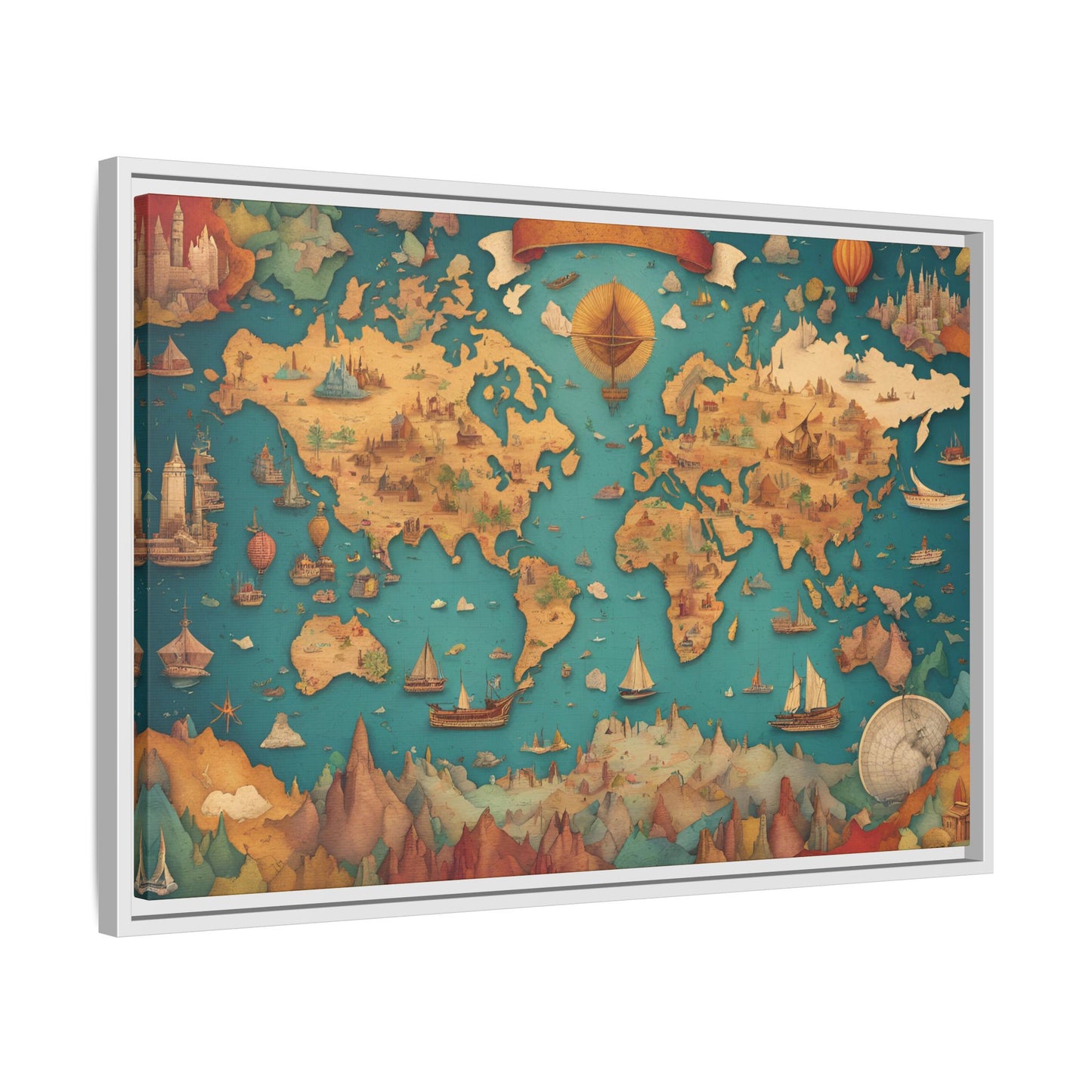 Old World Style Adventurers and Discoverers Global World Map Ships and Castles Print Matte Canvas Wall Art 3 frame colors to choose from