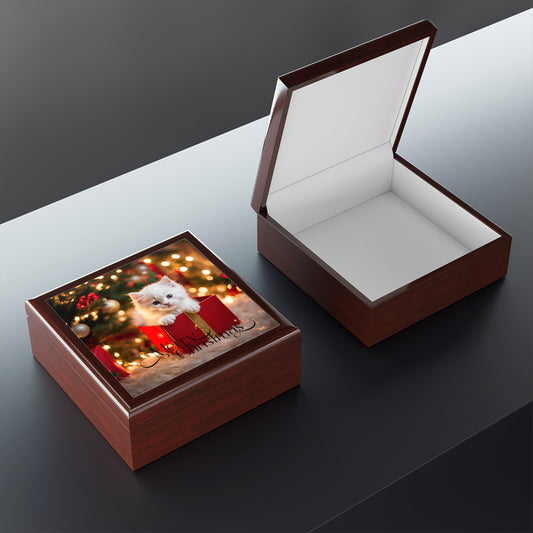 Christmas Kitten Wood Jewelry Box Holiday Trinket Rustic Keepsake Gift for Him or Her, Festive Vanity Storage Decor - 3 color options