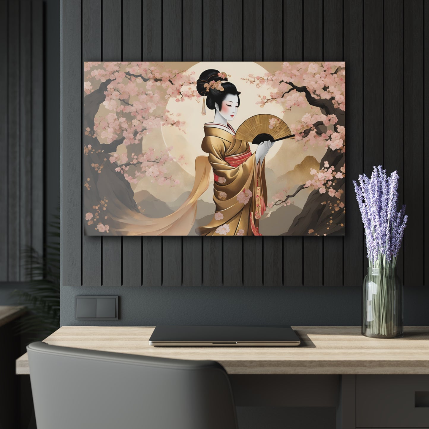 Large Asian Floral Design Acrylic Print with French Cleat Nature Lover Wall Art Geisha Girl Gift Art Modern Plum Cherry Blossom Home Decor